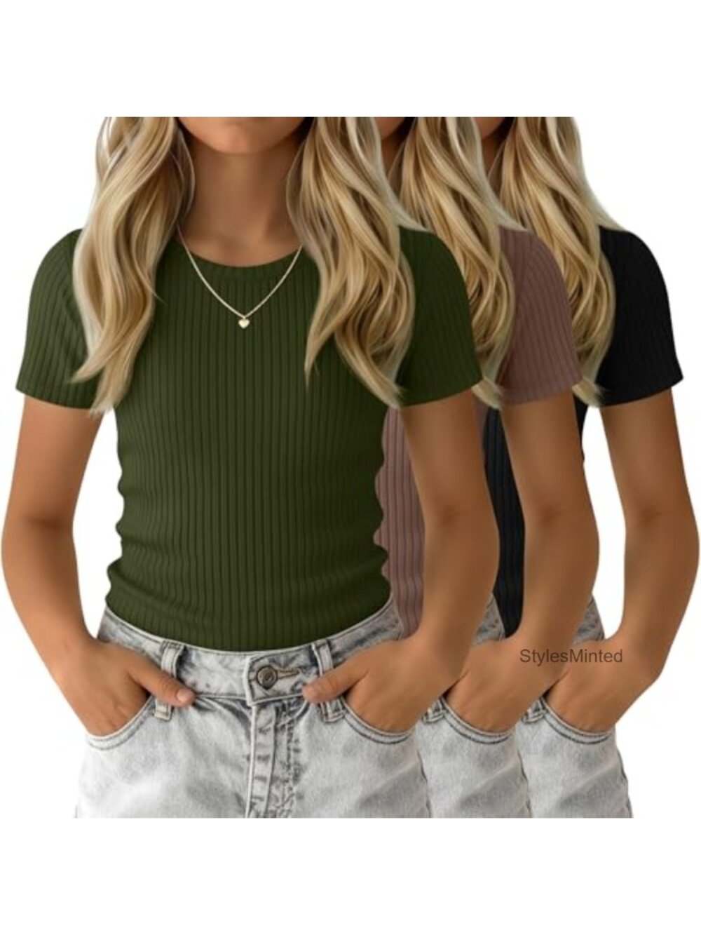3 Pack Girls Short Sleeve Ribbed Tees Soft Stretchy Crew Neck
